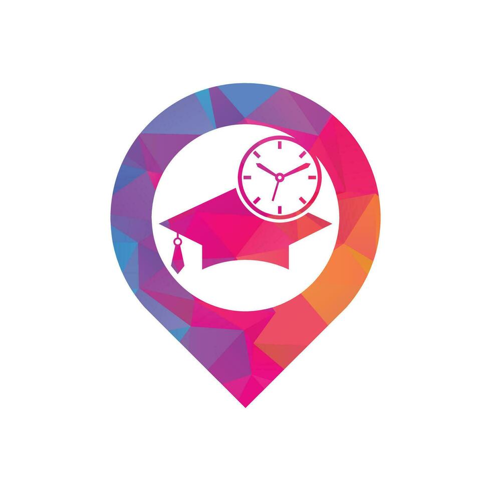 studie tijd GPS vorm concept vector logo ontwerp. diploma uitreiking hoed met klok icoon ontwerp.