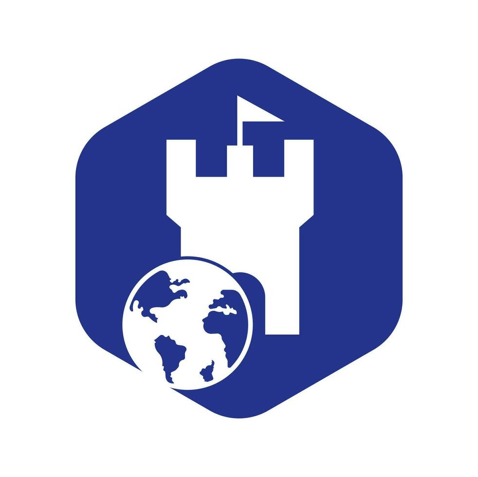 kasteel wereldbol vector logo ontwerp. uniek vesting en wereldbol logotype ontwerp sjabloon.