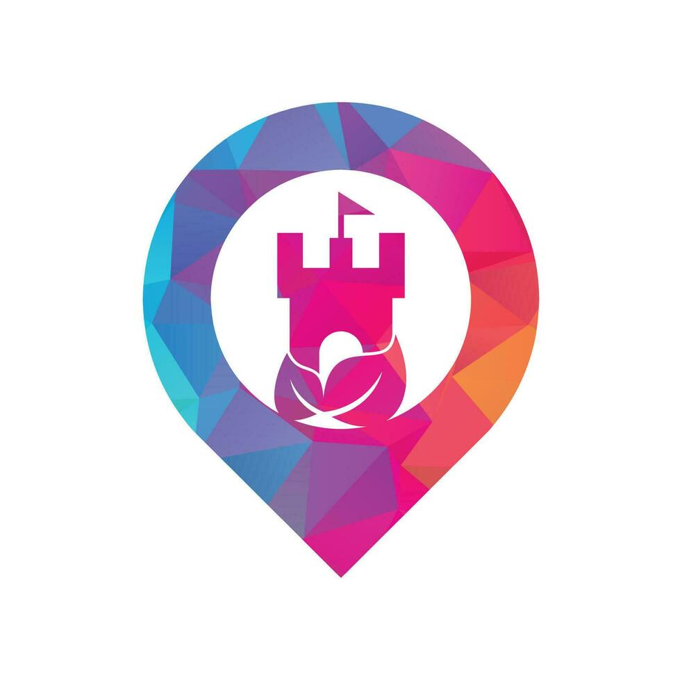 kasteel met blad en GPS icoon vector logo. natuur kasteel logo ontwerpen concept vector.