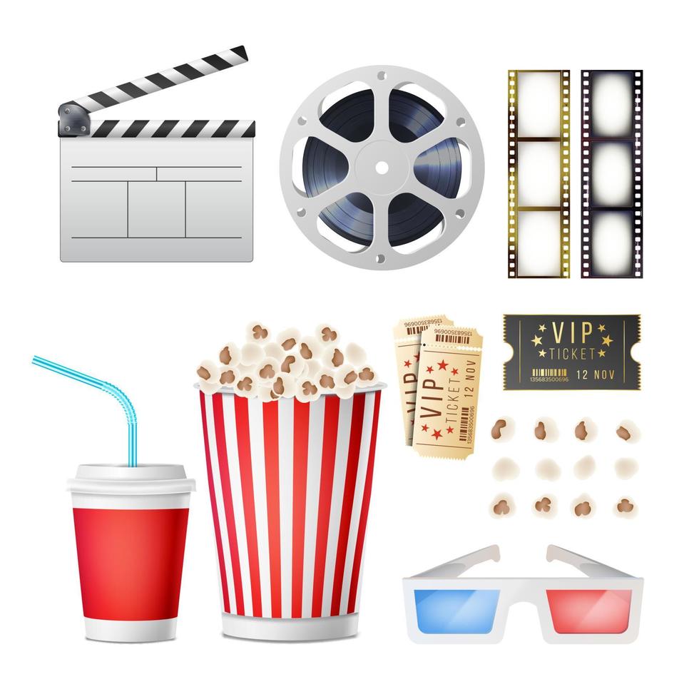 bioscoop film pictogrammen set. realistisch popcorn, 3d bril, filmstrip, haspel, video film schijf met plakband, film klepel, wijnoogst ticket. cinematografie film festival concept. geïsoleerd illustratie vector