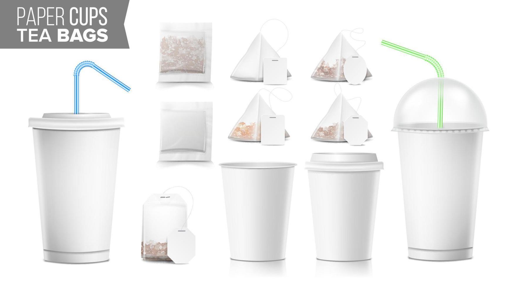 beschikbaar papier cups en thee Tassen reeks vector. plastic dekt. afhaalmaaltijd zacht drankjes kop sjabloon. Open en Gesloten papier kop blanco. realistisch geïsoleerd vector illustratie.