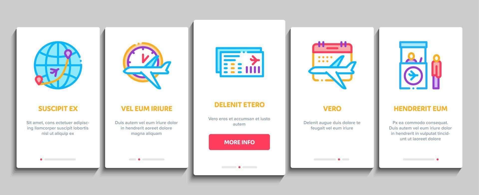 vliegmaatschappij en luchthaven onboarding elementen pictogrammen reeks vector