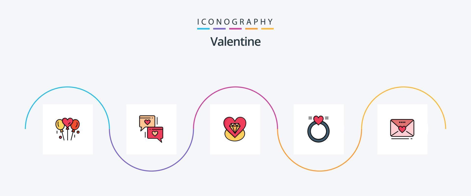 Valentijn lijn gevulde vlak 5 icoon pak inclusief liefde. bruiloft. diamant. liefde. ring vector