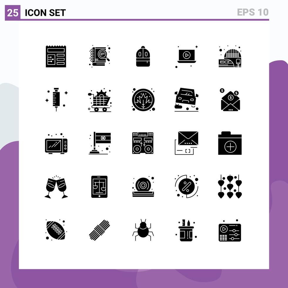 25 thematisch vector solide glyphs en bewerkbare symbolen van trein elektrisch rugzak spoorweg station Speel bewerkbare vector ontwerp elementen