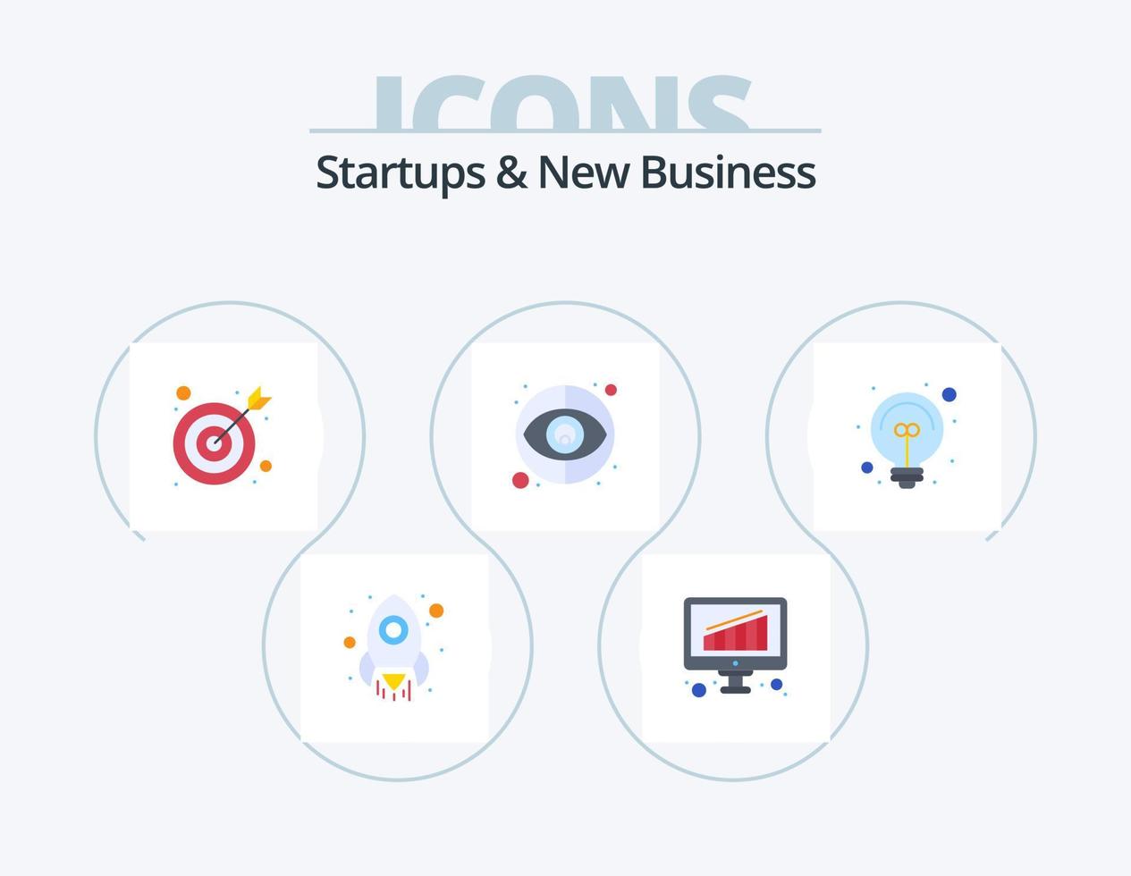 startups en nieuw bedrijf vlak icoon pak 5 icoon ontwerp. . licht. doel. bedrijf idee. zichtbaarheid vector