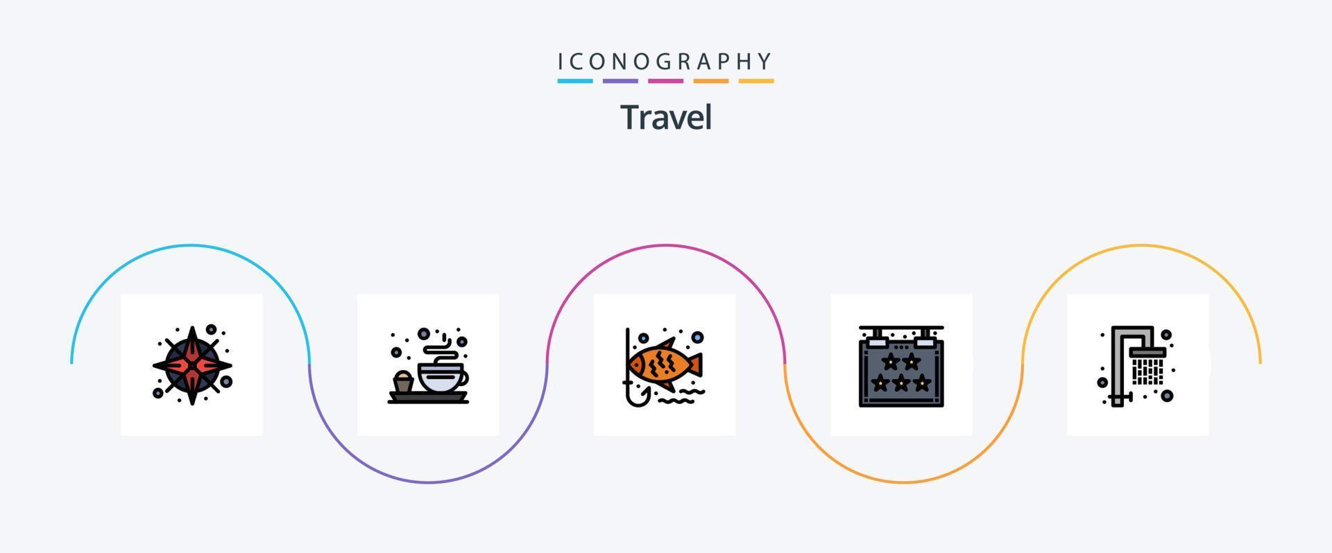 reizen lijn gevulde vlak 5 icoon pak inclusief vers. douche. vissen. ster. hotel vector