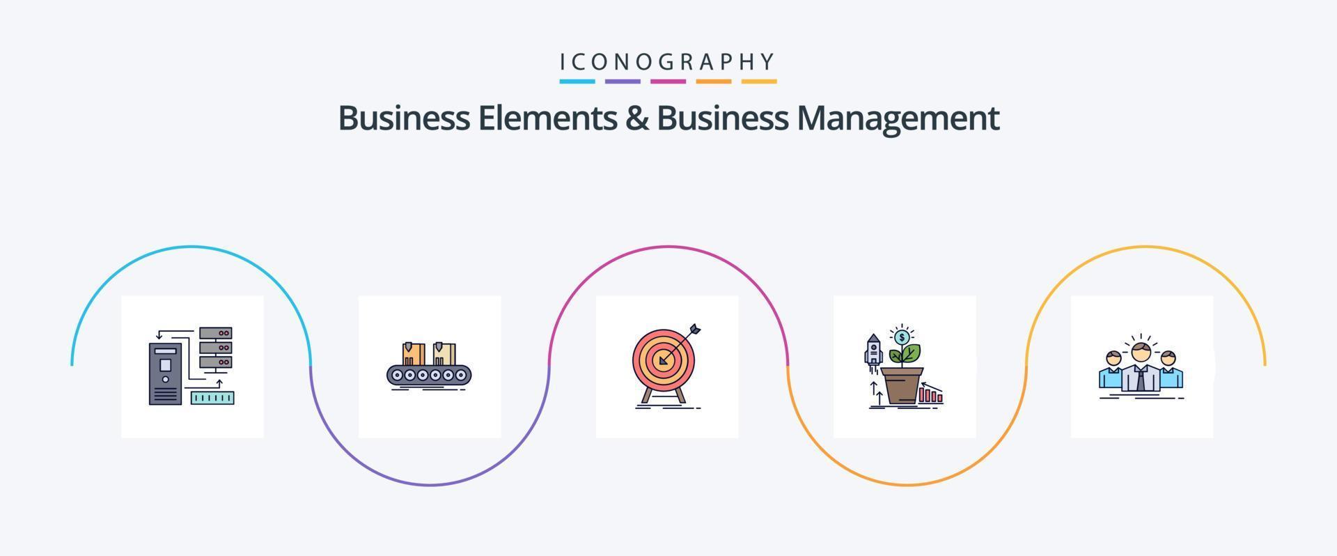 bedrijf elementen en bedrijf beheer lijn gevulde vlak 5 icoon pak inclusief groei. financiën. fabriek. doelwit. markt vector