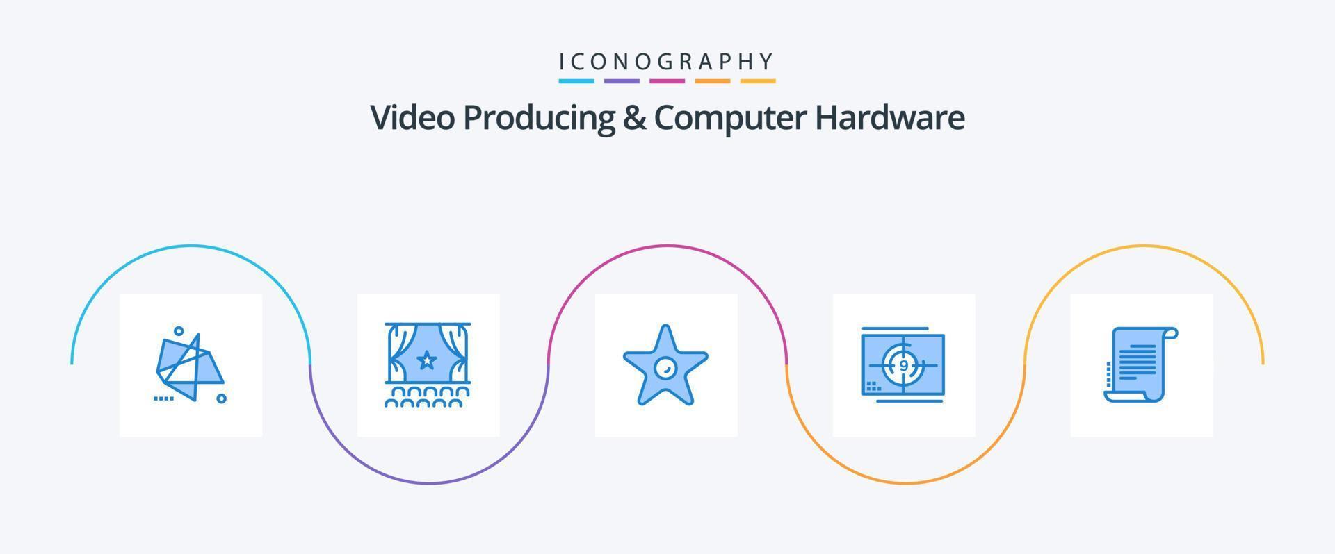 video produceren en computer hardware blauw 5 icoon pak inclusief opening. film. prestatie. film. studio vector