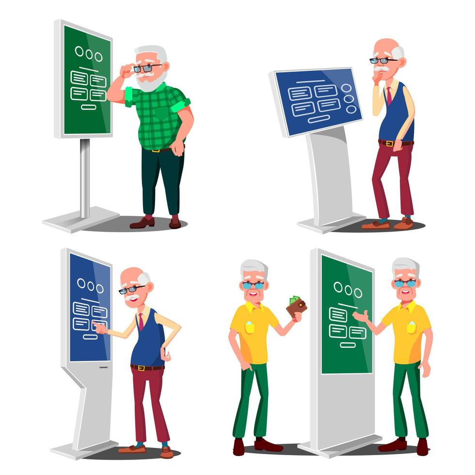 oud Mens gebruik makend van Geldautomaat, digitaal terminal vector. set. lcd digitaal bewegwijzering voor binnen- gebruik makend van. interactief informatieve kiosk. geld borg, opname. geïsoleerd vlak tekenfilm illustratie vector