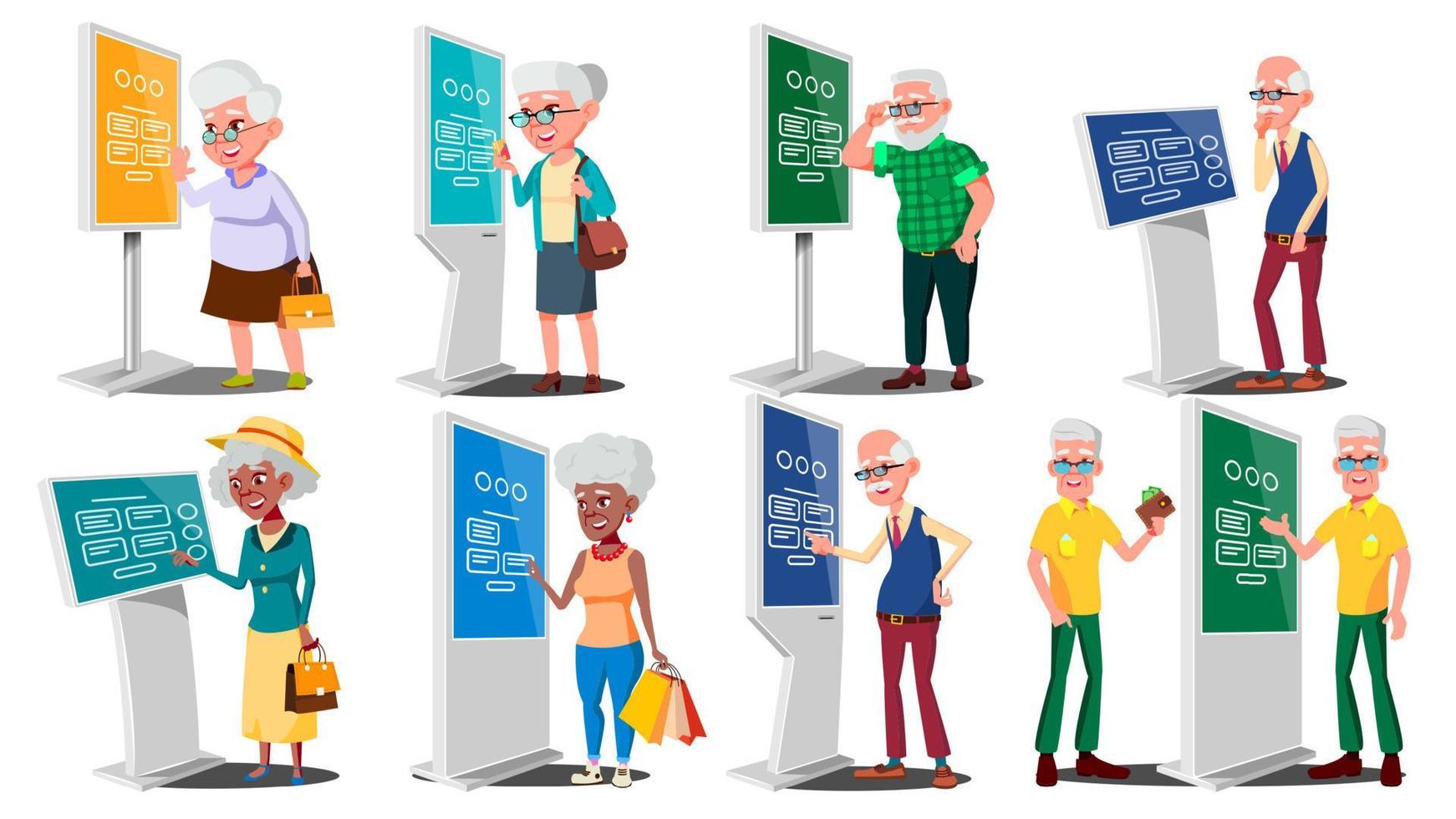 oud mensen gebruik makend van Geldautomaat, digitaal terminal vector. Mens, vrouw. set. lcd digitaal bewegwijzering voor binnen- gebruik makend van. interactief informatieve kiosk. geld borg, opname. geïsoleerd vlak tekenfilm illustratie vector