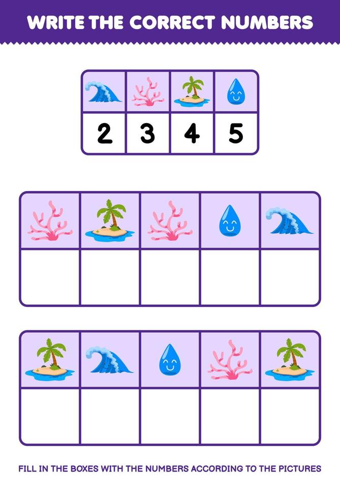 onderwijs spel voor kinderen schrijven de Rechtsaf getallen in de doos volgens naar de schattig Golf koraal eiland water afbeeldingen Aan de tafel afdrukbare natuur werkblad vector