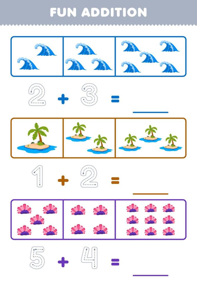 onderwijs spel voor kinderen pret toevoeging door tellen en traceren de aantal van schattig tekenfilm Golf eiland koraal afdrukbare natuur werkblad vector