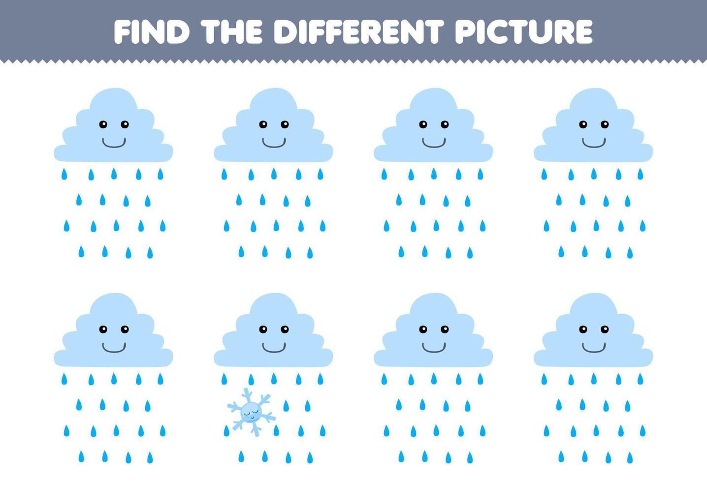onderwijs spel voor kinderen vind de verschillend afbeelding van schattig tekenfilm regen wolk afdrukbare natuur werkblad vector