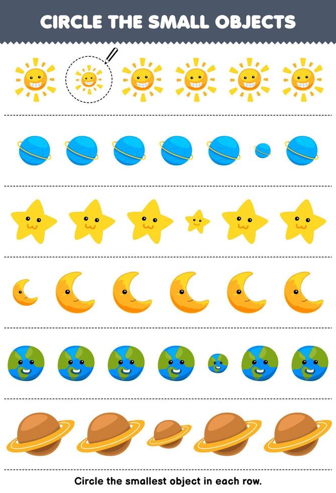 onderwijs spel voor kinderen cirkel de kleinste voorwerp in elk rij van schattig tekenfilm zon planeet ster maan afdrukbare natuur werkblad vector