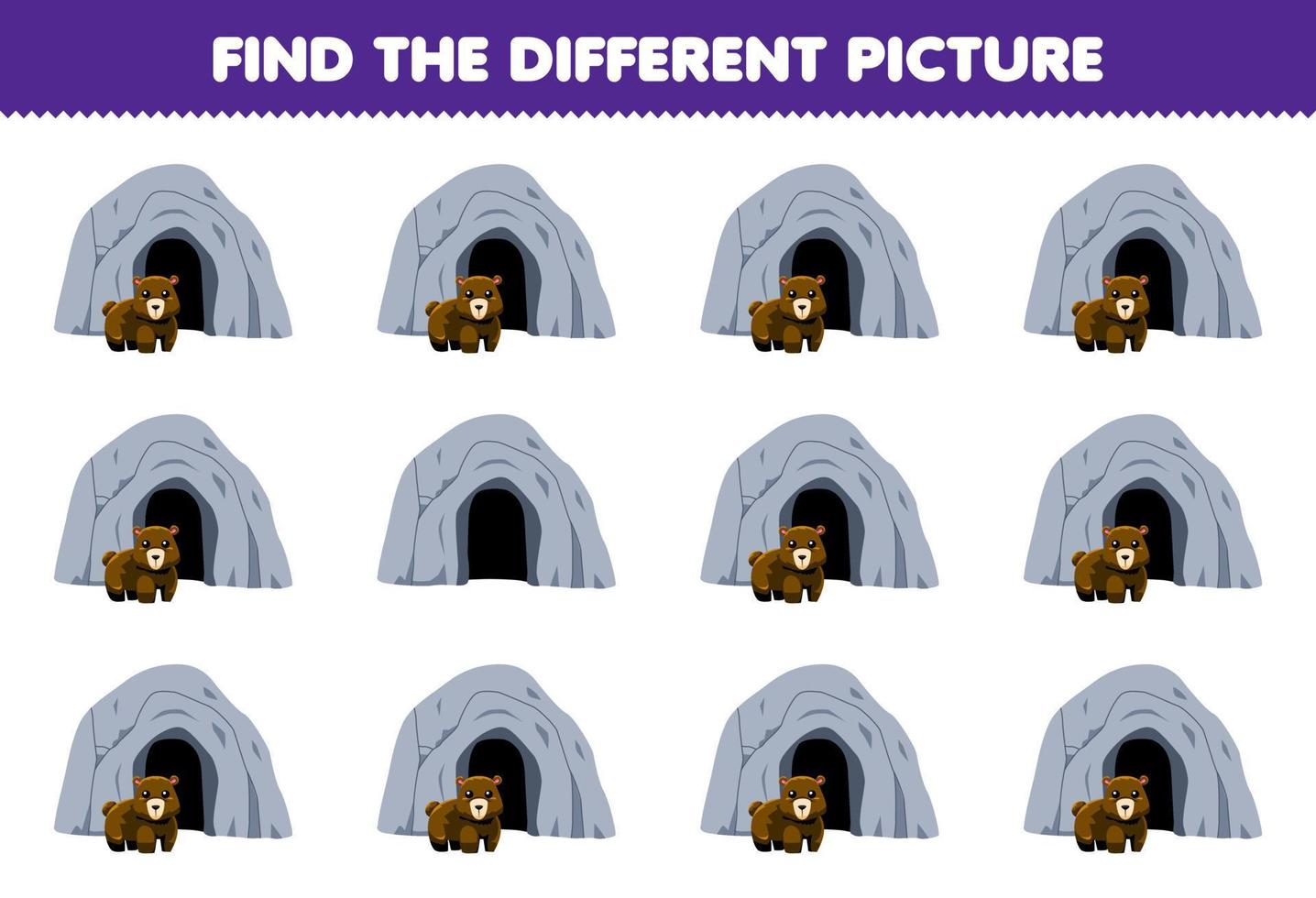 onderwijs spel voor kinderen vind de verschillend afbeelding van schattig tekenfilm beer in voorkant van de grot afdrukbare natuur werkblad vector