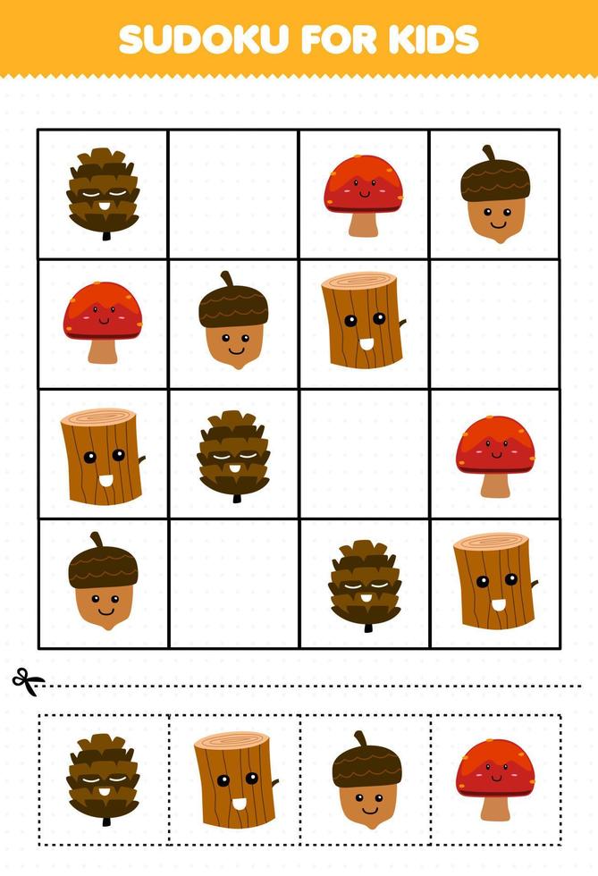 onderwijs spel voor kinderen sudoku voor kinderen met schattig tekenfilm dennenappel paddestoel hout log eikel- afdrukbare natuur werkblad vector