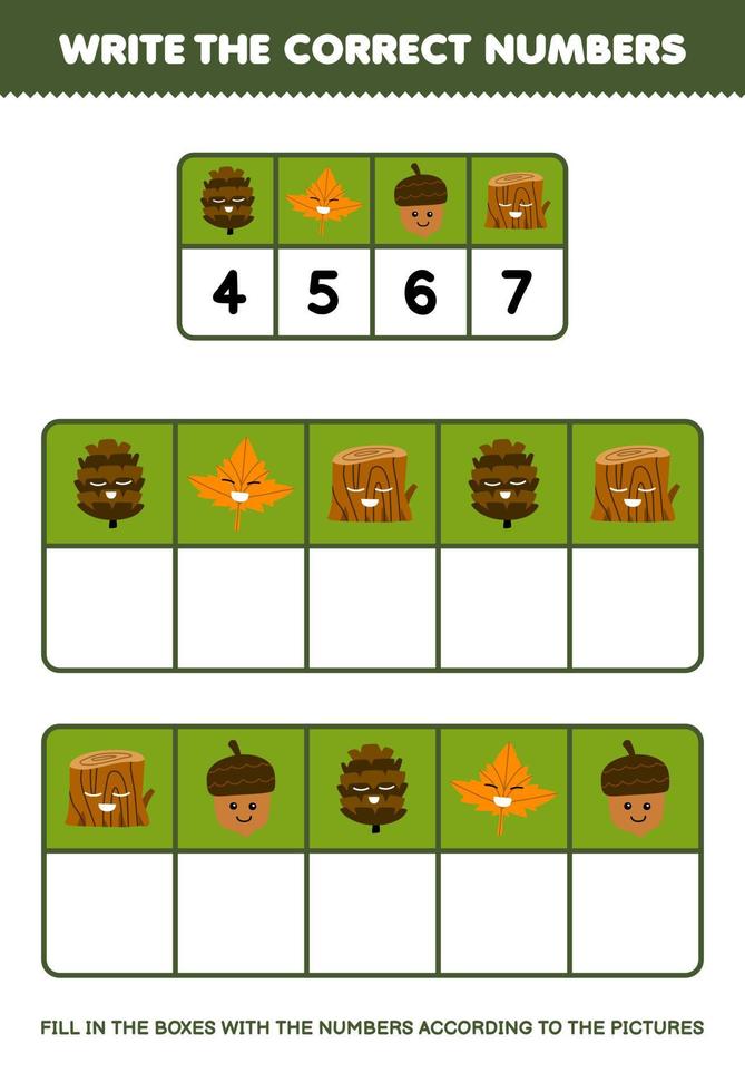 onderwijs spel voor kinderen schrijven de Rechtsaf getallen in de doos volgens naar de schattig dennenappel esdoorn- blad eikel- hout log afbeeldingen Aan de tafel afdrukbare natuur werkblad vector