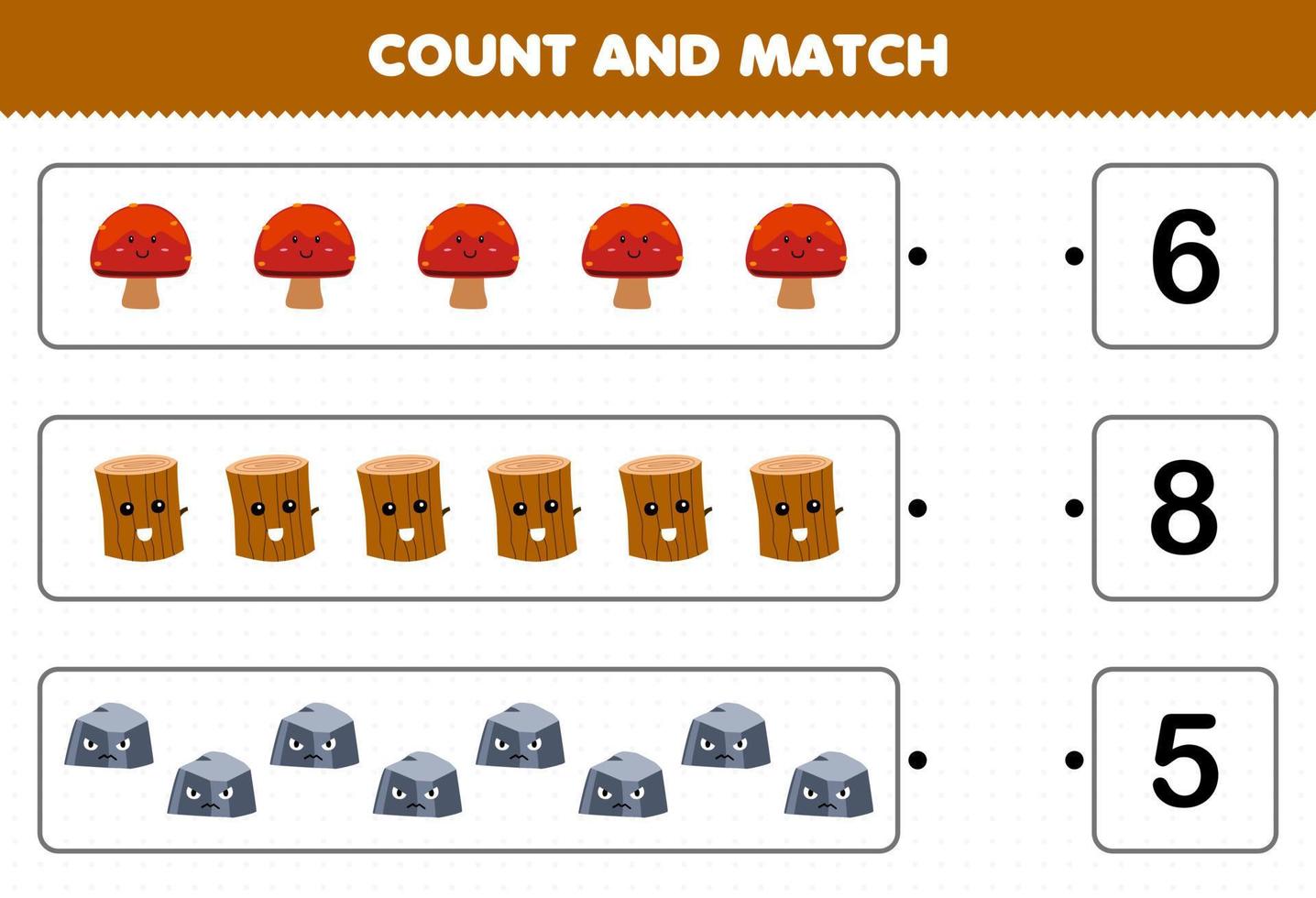 onderwijs spel voor kinderen tellen de aantal van schattig tekenfilm paddestoel hout log steen en bij elkaar passen met de Rechtsaf getallen afdrukbare natuur werkblad vector