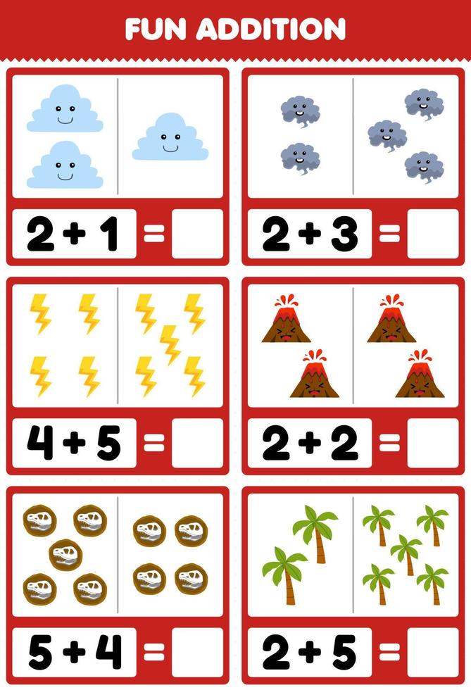 onderwijs spel voor kinderen pret toevoeging door tellen en som van schattig tekenfilm wolk rook donder vulkaan fossiel boom afdrukbare natuur werkblad vector