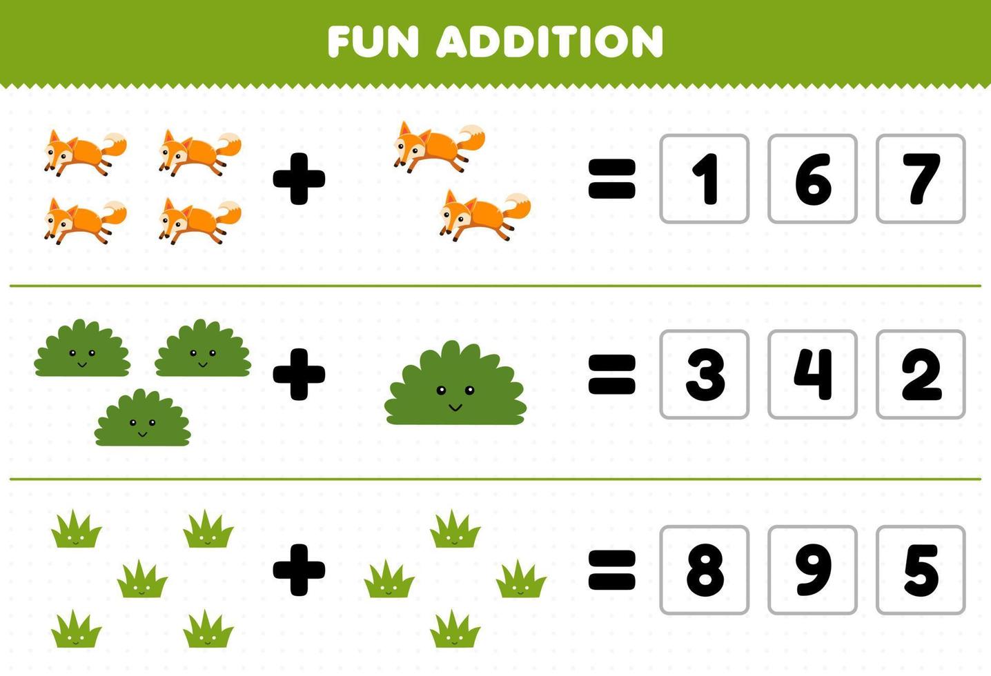 onderwijs spel voor kinderen pret toevoeging door Raad eens de correct aantal van schattig tekenfilm vos struik gras afdrukbare natuur werkblad vector