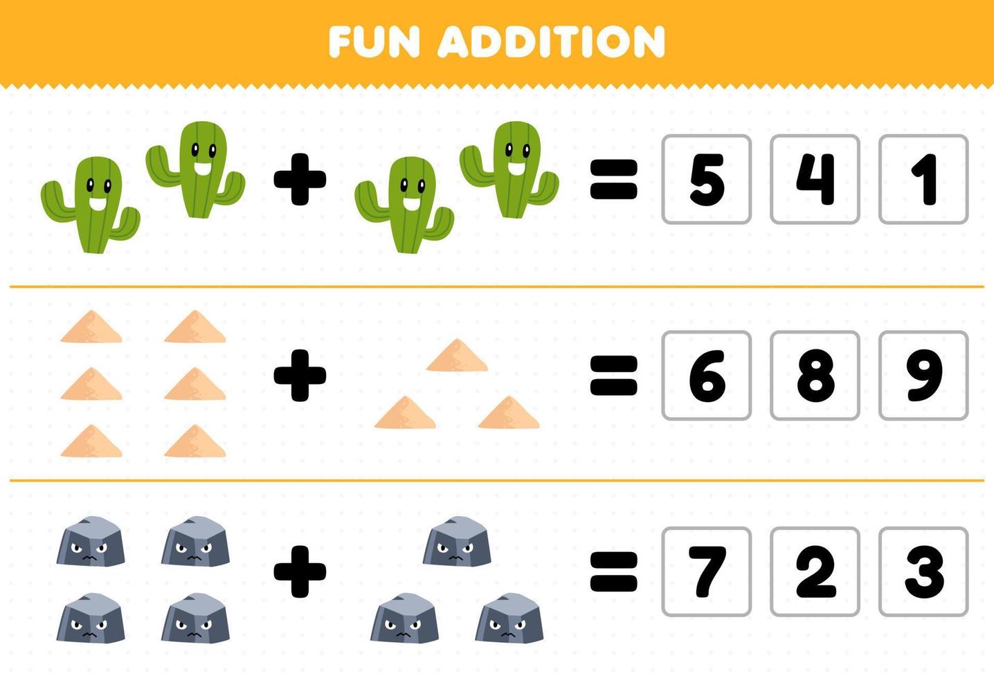 onderwijs spel voor kinderen pret toevoeging door Raad eens de correct aantal van schattig tekenfilm cactus zand steen afdrukbare natuur werkblad vector