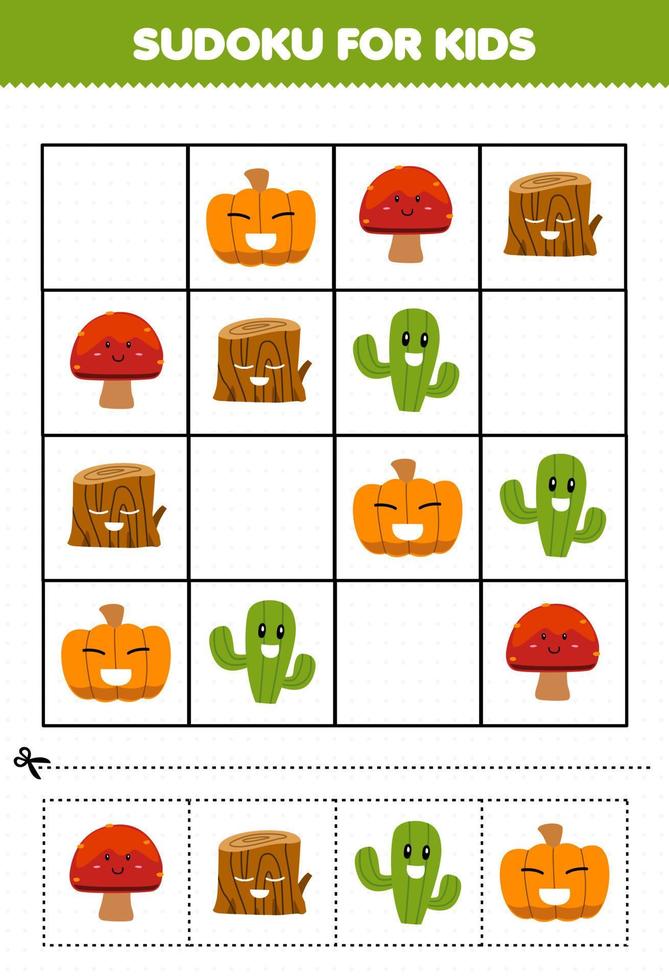 onderwijs spel voor kinderen sudoku voor kinderen met schattig tekenfilm paddestoel hout log cactus pompoen afdrukbare natuur werkblad vector