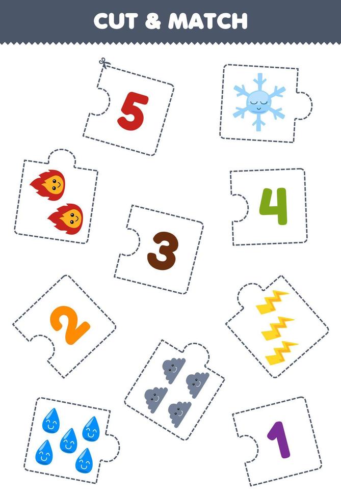 onderwijs spel voor kinderen besnoeiing stuk van puzzel en bij elkaar passen door aantal van schattig tekenfilm sneeuwvlok brand donder wolk water afdrukbare natuur werkblad vector