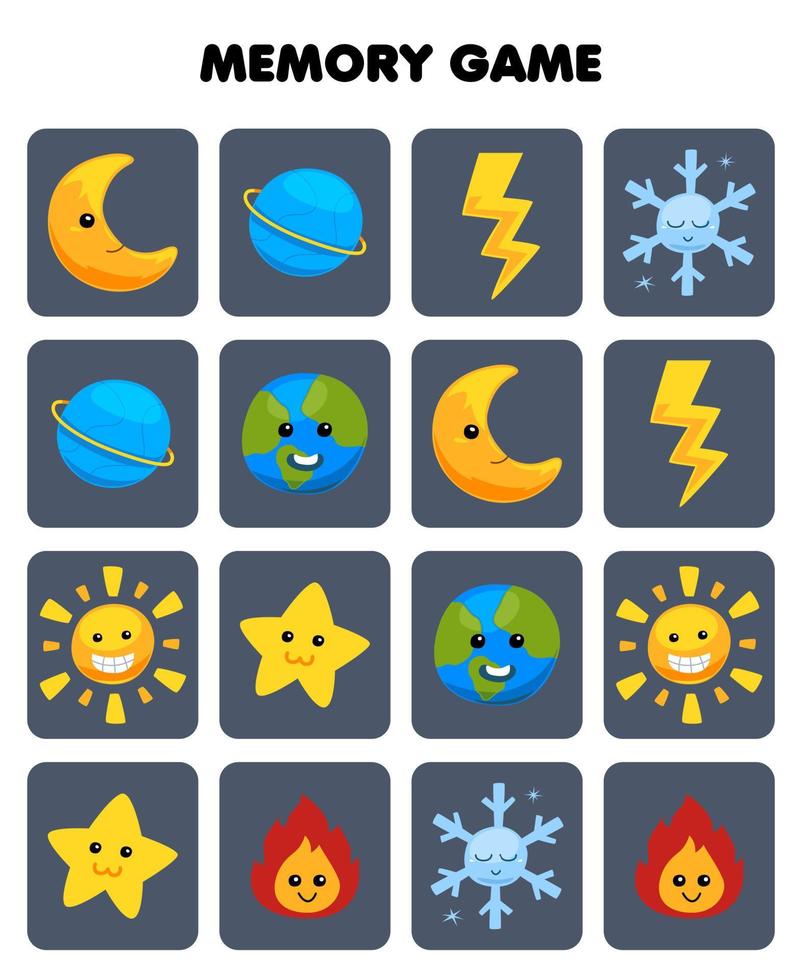 onderwijs spel voor kinderen geheugen naar vind vergelijkbaar afbeeldingen van schattig tekenfilm zon ster maan planeet brand sneeuwvlok donder afdrukbare natuur werkblad vector