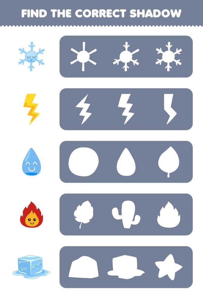 onderwijs spel voor kinderen vind de correct schaduw silhouet van schattig tekenfilm sneeuwvlok donder water brand ijs afdrukbare natuur werkblad vector