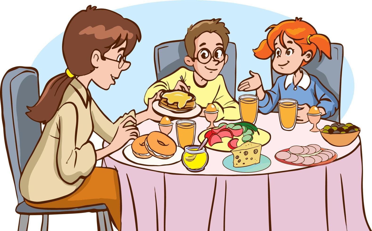 moeder en kinderen hebben ontbijt tekenfilm vector