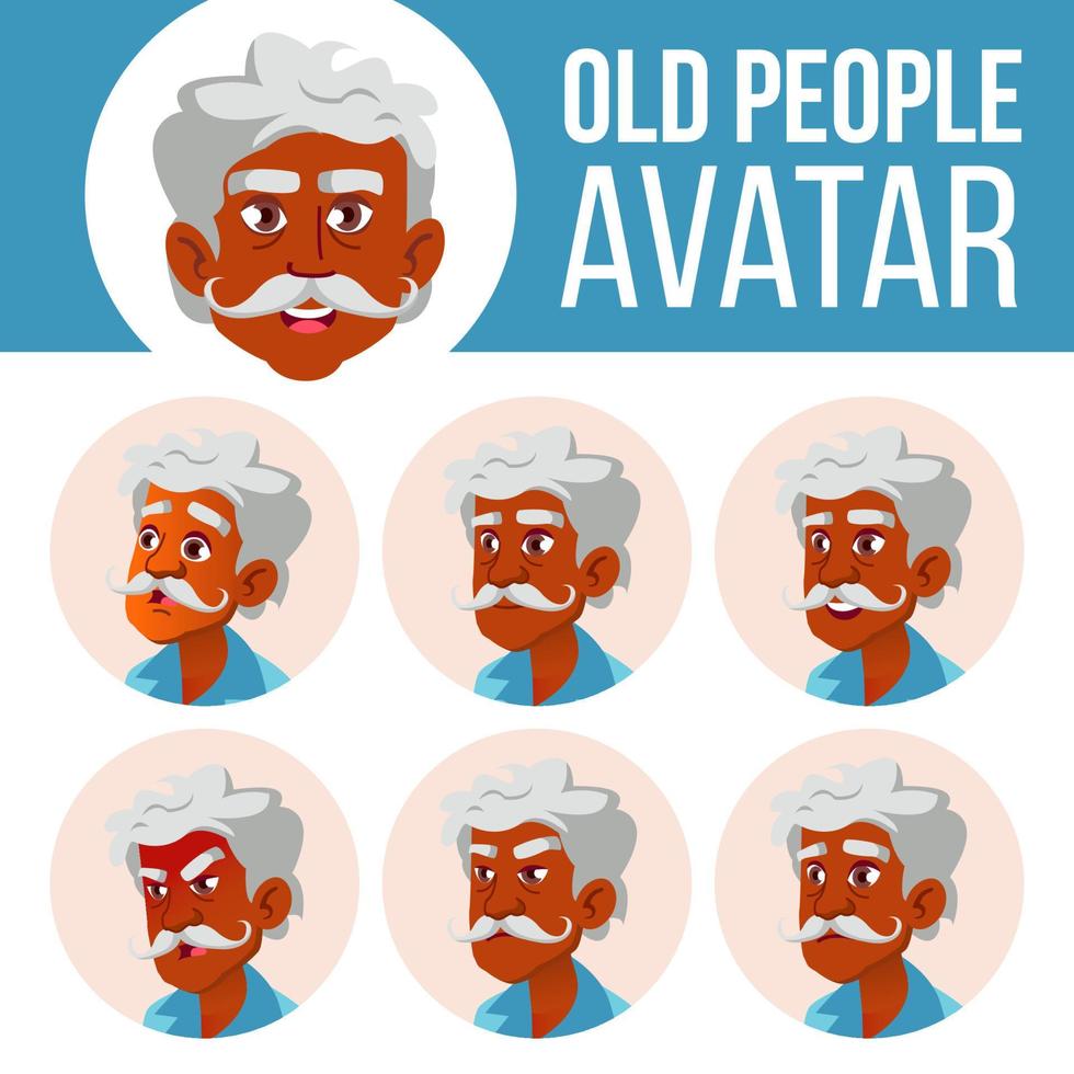 Indisch oud Mens avatar reeks vector. gezicht emoties. Hindoe. aziatisch. senior persoon portret. ouderen mensen. oud. gebruiker, karakter. plezier, vrolijk. tekenfilm hoofd illustratie vector