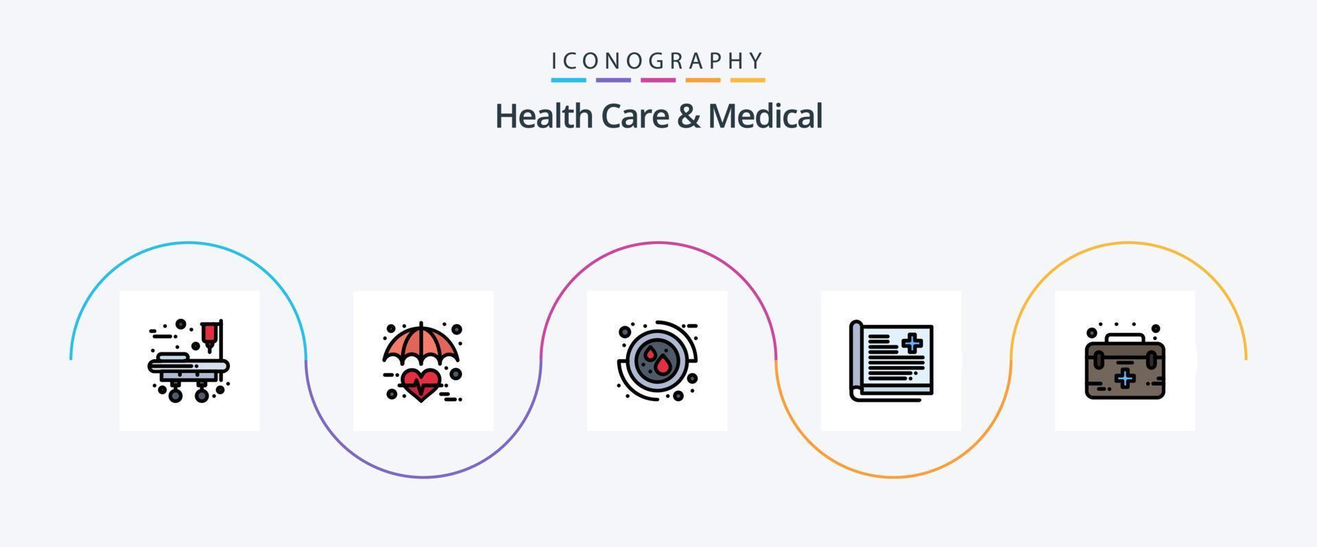 Gezondheid zorg en medisch lijn gevulde vlak 5 icoon pak inclusief hulp. rapport. bloed. geduldig. gezondheidszorg vector