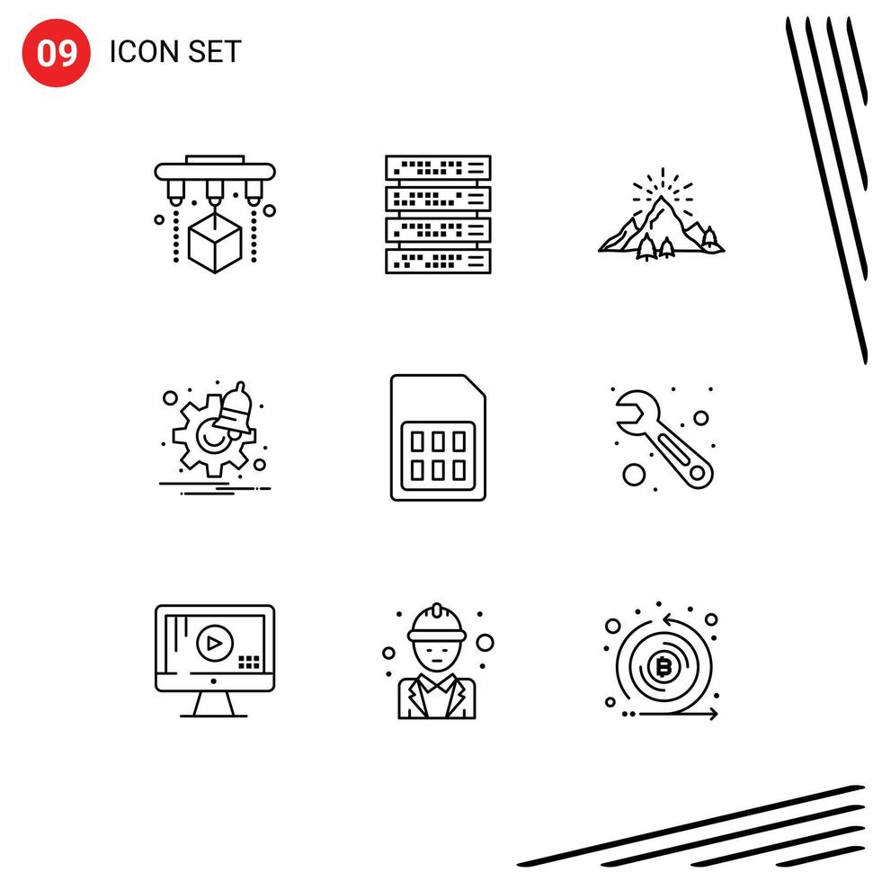 reeks van 9 modern ui pictogrammen symbolen tekens voor mobiel tijd landschap instellingen kennisgeving bewerkbare vector ontwerp elementen