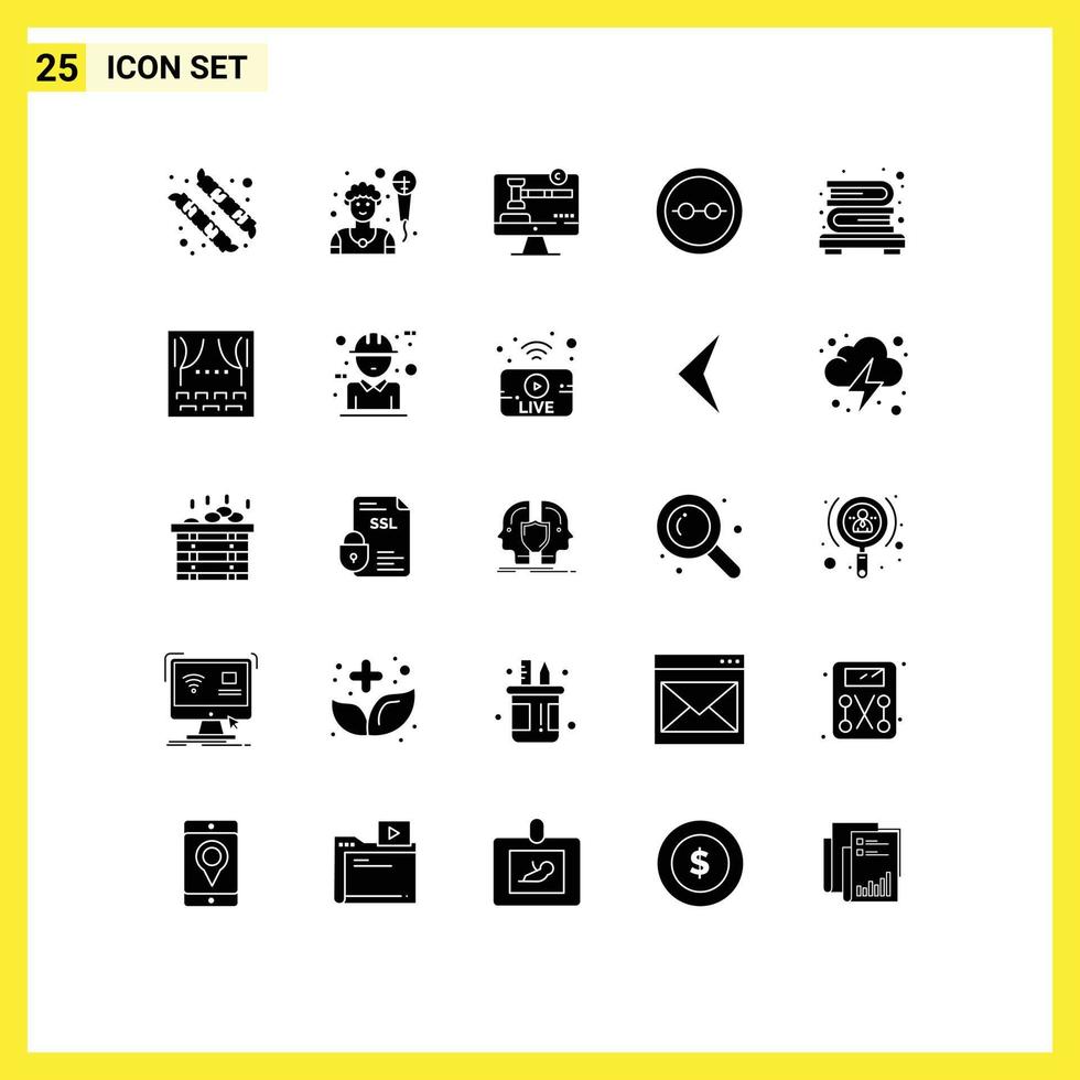 25 thematisch vector solide glyphs en bewerkbare symbolen van boekenplank boekenkast digitaal lenzen geek bewerkbare vector ontwerp elementen