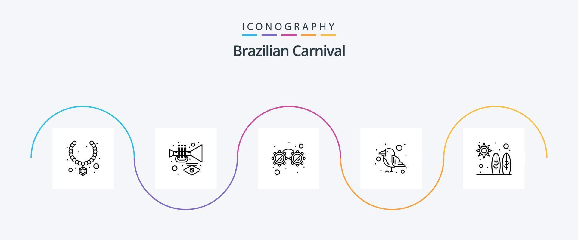braziliaans carnaval lijn 5 icoon pak inclusief surfen. strand. luxe bril. wild. papegaai vector