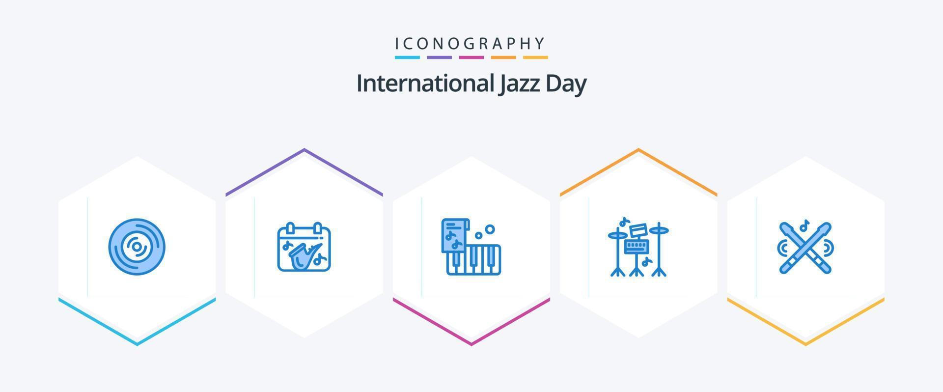 Internationale jazz- dag 25 blauw icoon pak inclusief stokken. instrument. accordeon. trommel. uitrusting vector