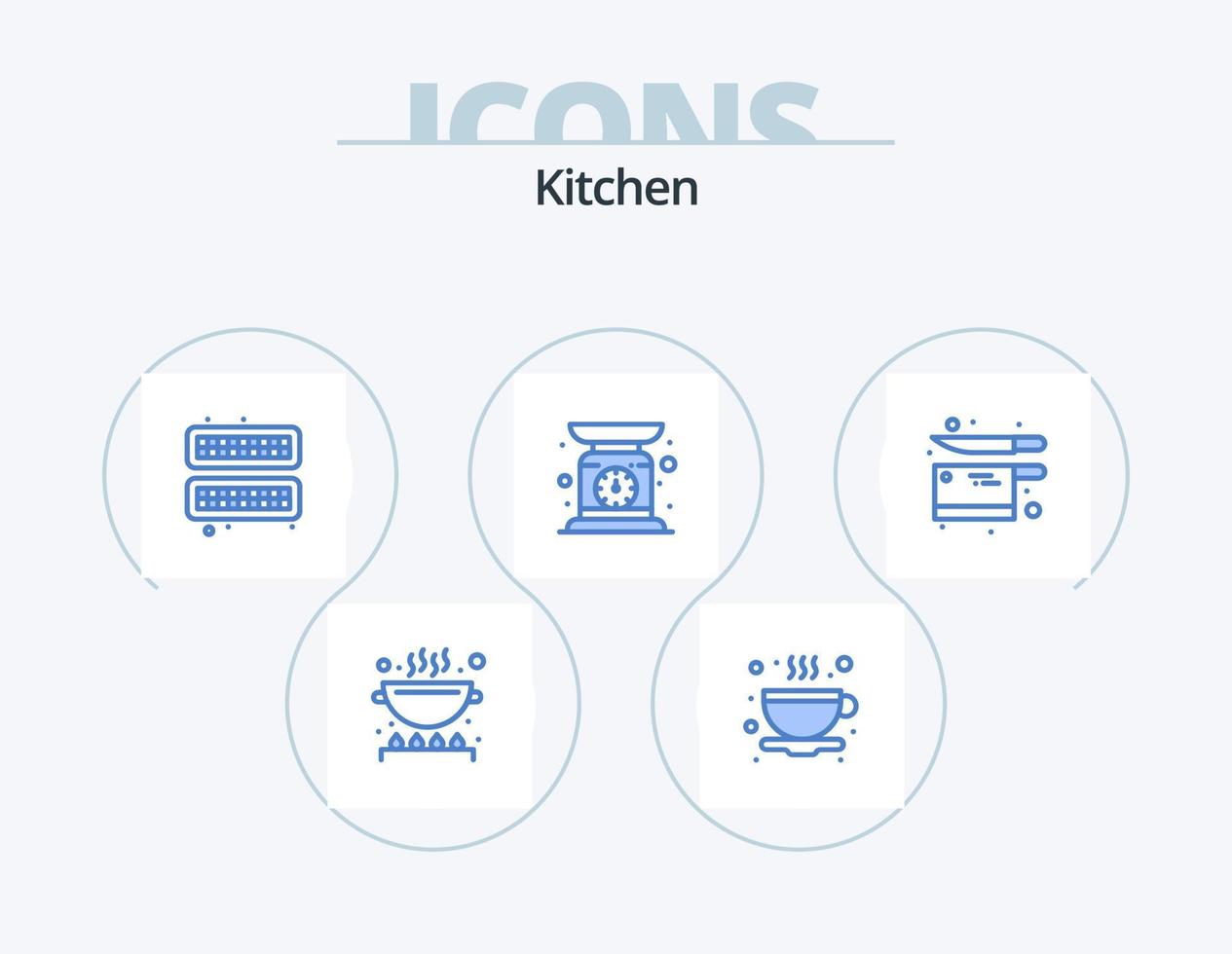 keuken blauw icoon pak 5 icoon ontwerp. werktuig. Koken. kubus. weging. machine vector