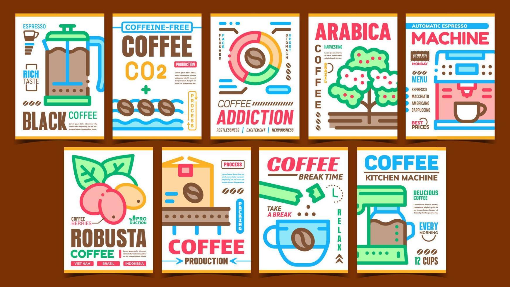 koffie productie reclame posters reeks vector