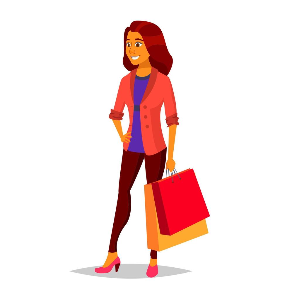 boodschappen doen vrouw vector. inkoop concept. boodschappen doen dag. Holding papier pakketjes. bedrijf geïsoleerd tekenfilm illustratie vector