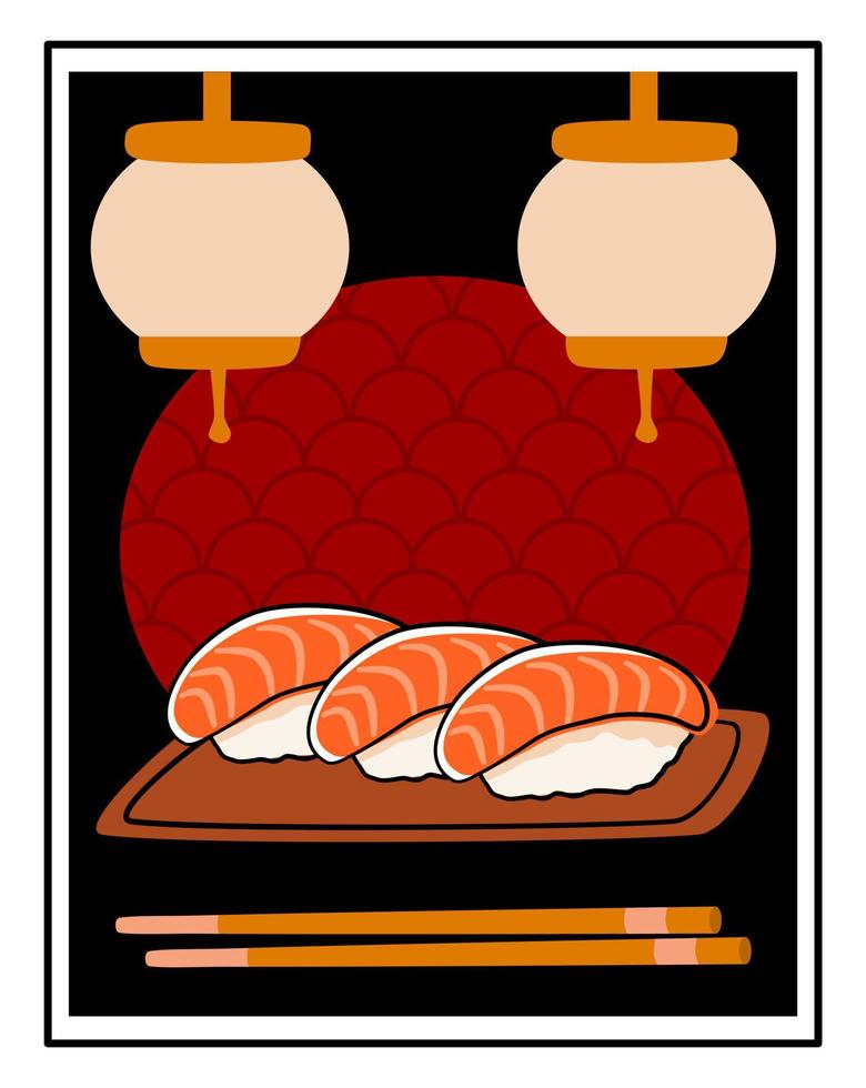 Zalm sushi reeks Aan een houten bord met eetstokjes. nigiri broodjes met retro donker achtergrond. vector