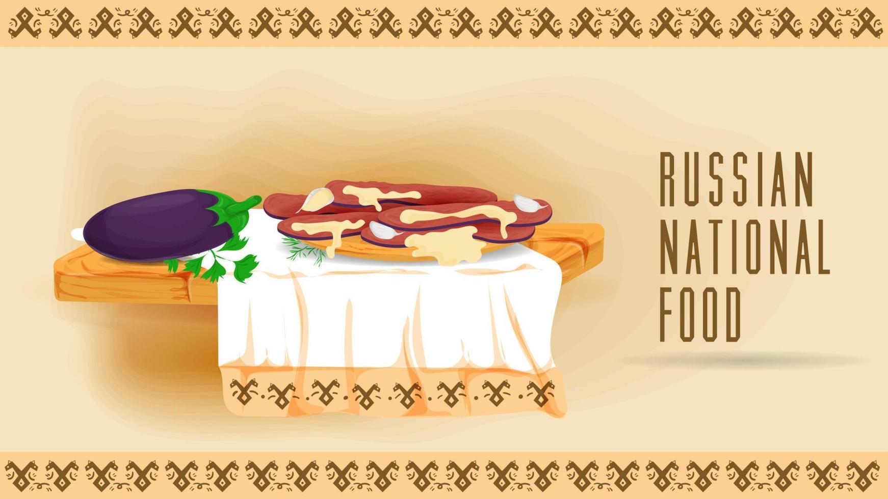 gebakken aubergine met knoflook saus Aan een houten schotel Aan een handdoek met een ornament vlak illustratie van traditioneel voedsel vector