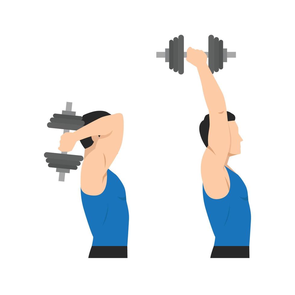 man doet dumbbell overhead triceps extension oefening. platte vectorillustratie geïsoleerd op een witte achtergrond vector