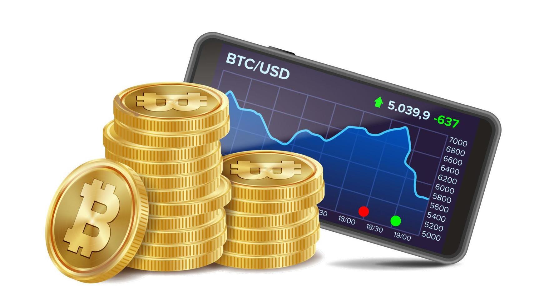 smartphone met bitcoin handel tabel vector. realistisch gouden munten. virtueel geld. geïsoleerd Aan wit illustratie vector