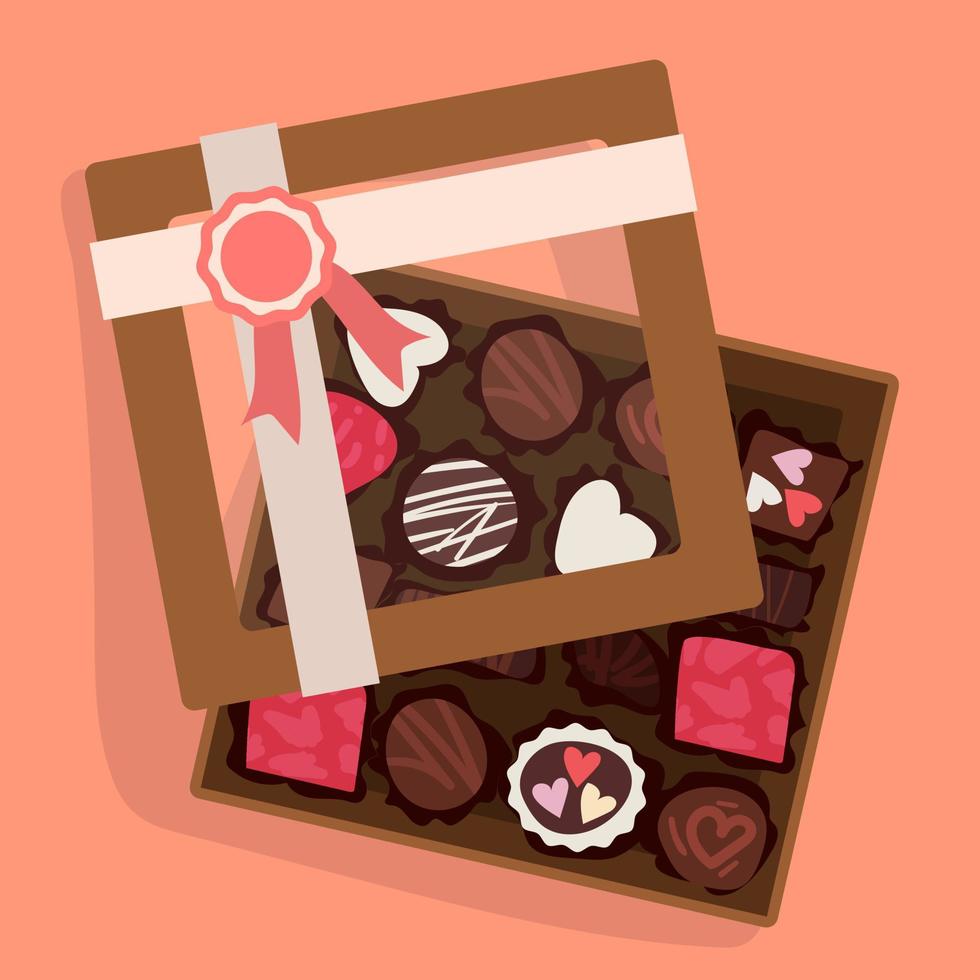 illustratie van een doos van chocolaatjes voor Valentijnsdag dag. clip art Aan een donker achtergrond. het drukken Aan papier. een ansichtkaart, een banier voor de vakantie. moeder dag, verjaardag vector