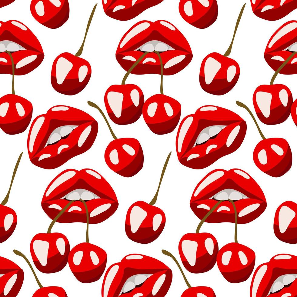 een patroon met rood lippen en een kers Aan een wit achtergrond. rood lippenstift. een Open mond probeert naar vangst een kers. achtergrond voor verpakking voor de Valentijnsdag dag vakantie. vector