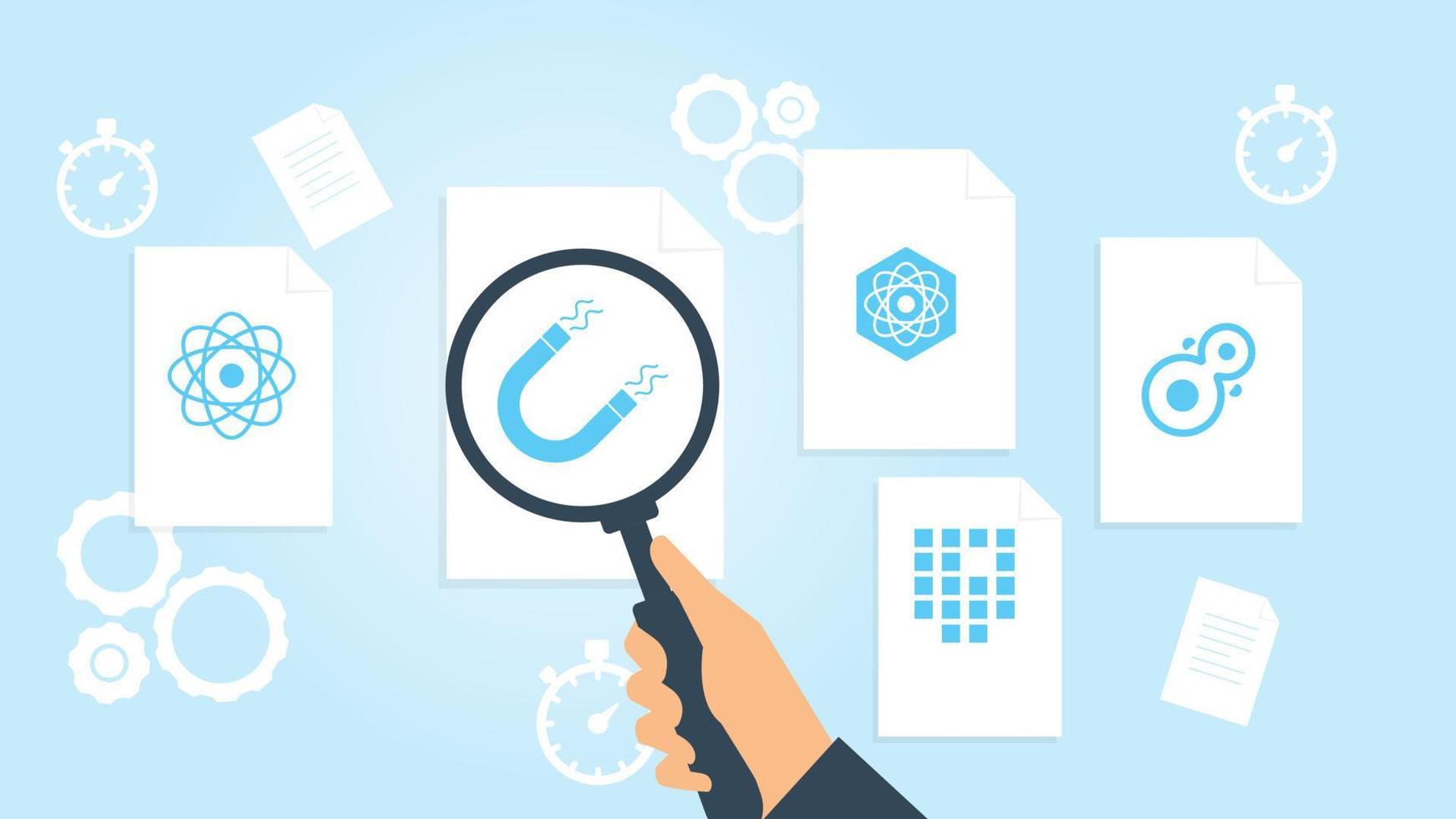 cel, divisie het dossier, document Onderzoek vector illustratie. document met zoeken pictogrammen. het dossier en vergroten glas. analytics Onderzoek teken. vector illustratie Aan wit achtergrond