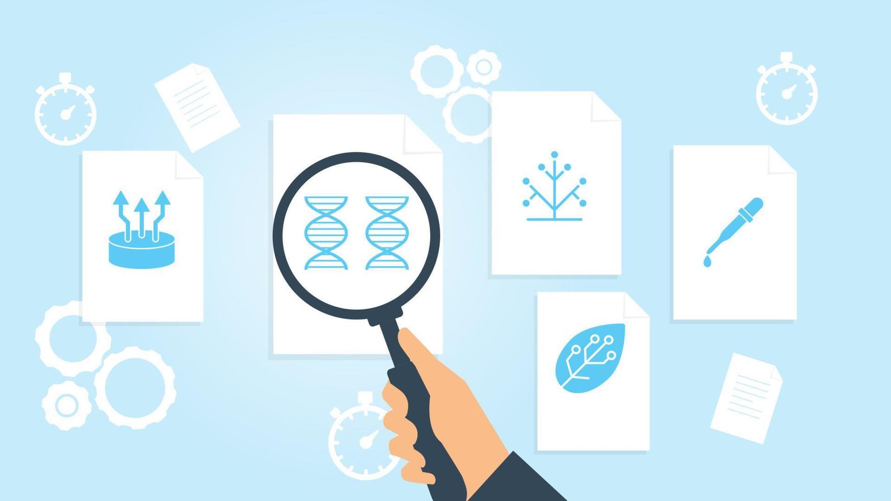 druppelaar het dossier, document Onderzoek vector illustratie. document met zoeken pictogrammen. het dossier en vergroten glas. analytics Onderzoek teken. vector illustratie Aan wit achtergrond