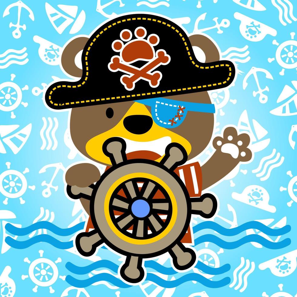 schattig beer in piraat kostuum Holding stuurinrichting wiel Aan piraat elementen achtergrond, vector tekenfilm illustratie