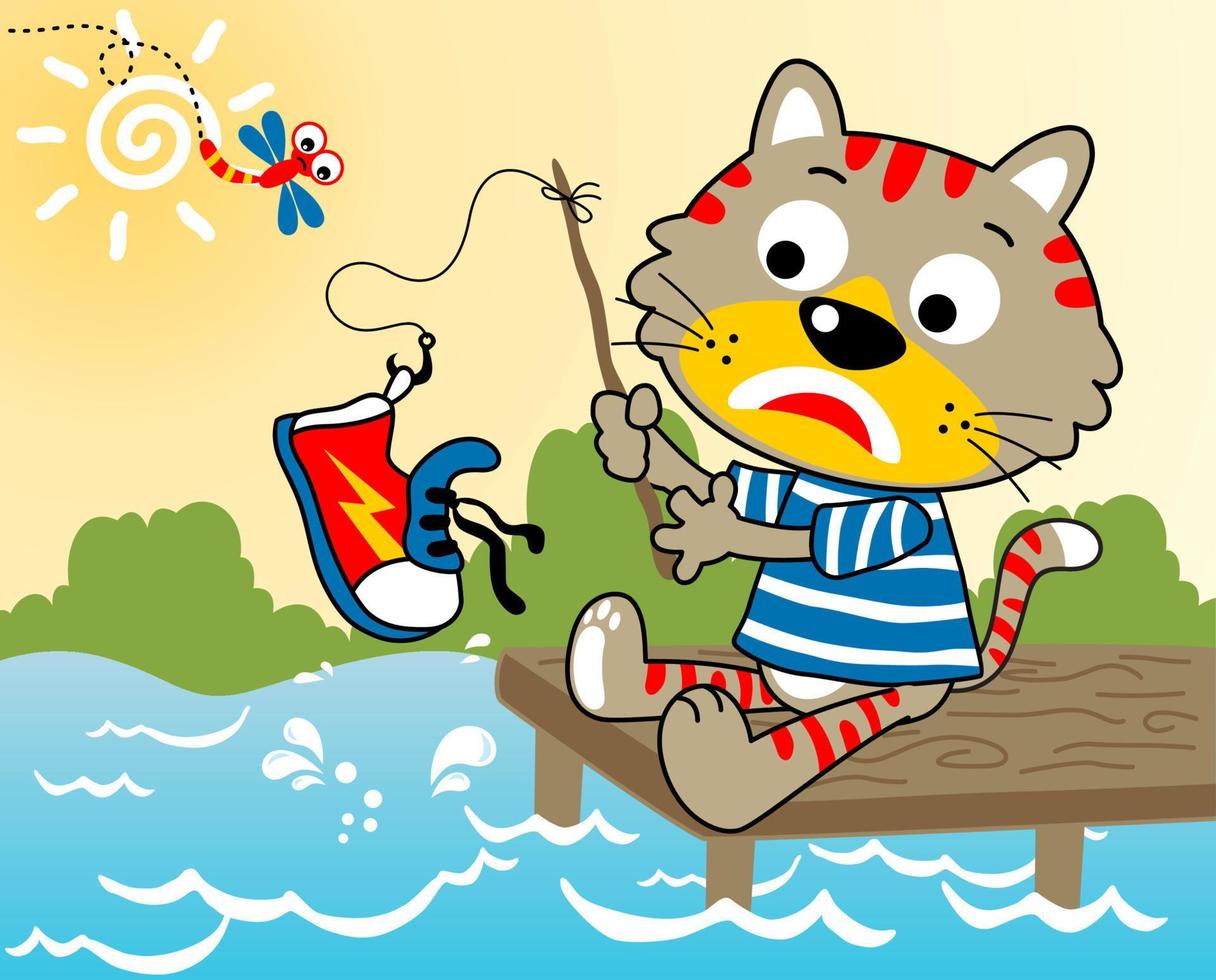 tekenfilm vector illustratie, grappig kat met libel visvangst in rivier- krijgen een schoen