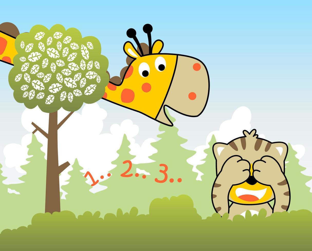 vector tekenfilm illustratie, tijger en giraffe spelen verbergen en zoeken in de oerwoud